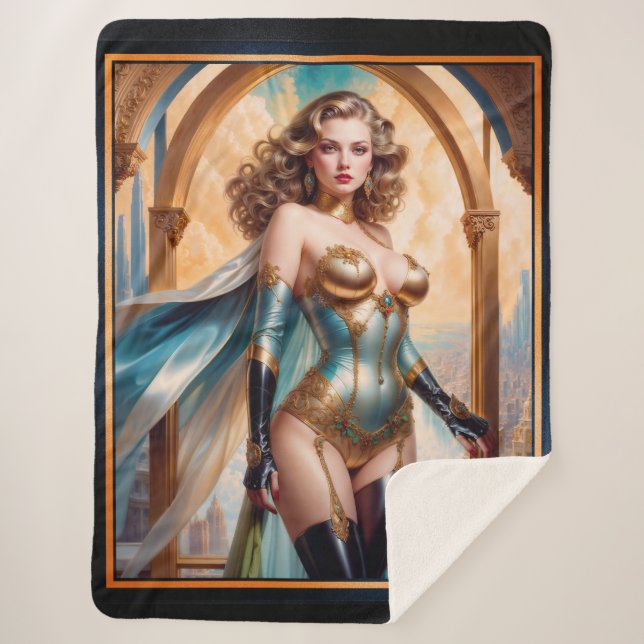 Woman In Opulent Gold Turquoise Attire by Xzendor7 Sherpa Blanket (Front)