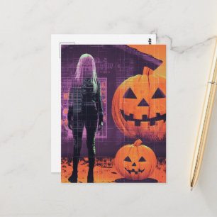 Woman in Orange Purple Halloween Postcard