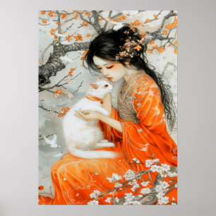 Woman in Orange with White Cat Poster
