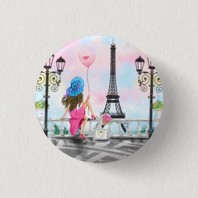 Woman In Paris Button with Eiffel Tower (Front)