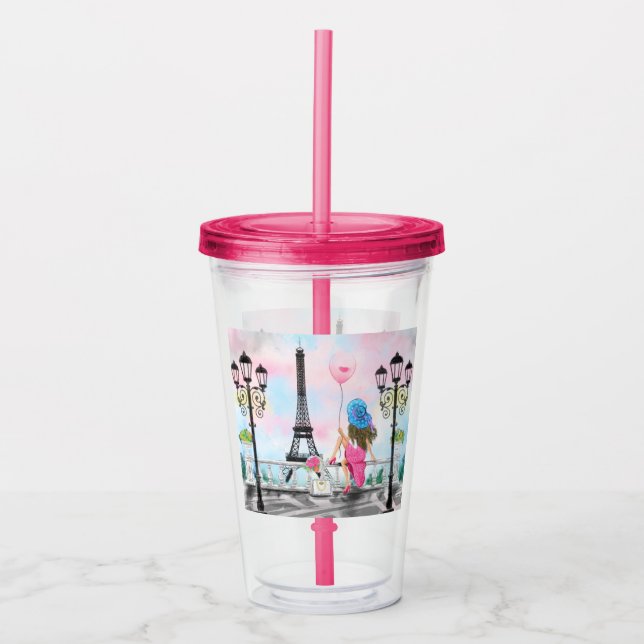 Woman In Paris Eiffel Tower Acrylic Tumbler (Front)