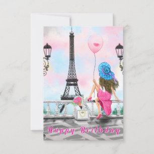 Woman In Paris Eiffel Tower Birthday Card