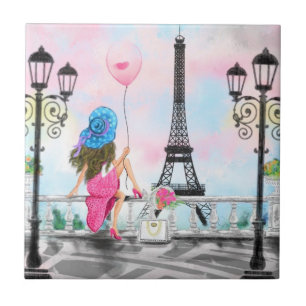 Woman In Paris Eiffel Tower Ceramic Tile Gift