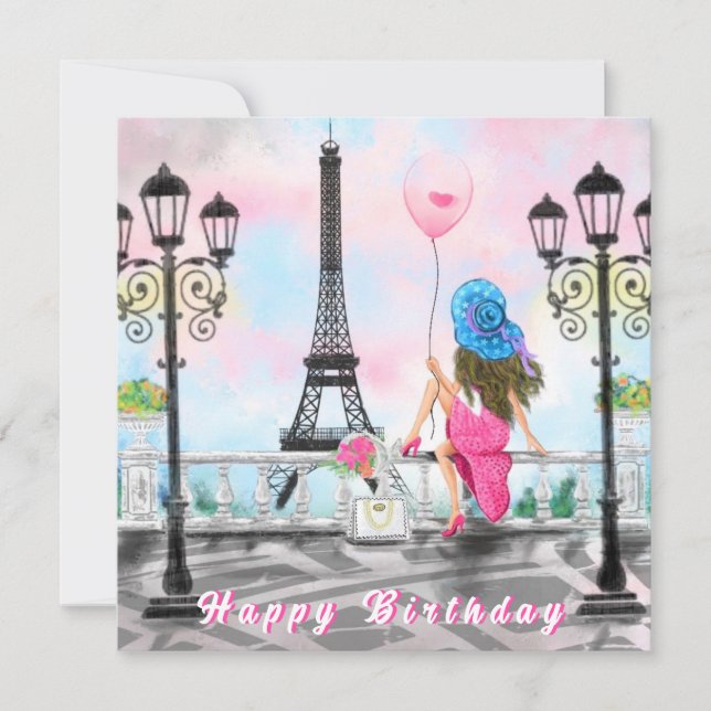 Woman In Paris Eiffel Tower Happy Birthday Card (Front)