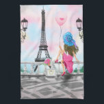 Woman In Paris Kitchen Towel Eiffel Tower<br><div class="desc">Kitchen Towels with Pretty Woman and Pink Heart Balloon - I Love Paris - Eiffel Tower Romantic Drawing - Choose / Add Your Unique Text / Font / Colour - Make Your Special Gift - Resize and move or remove and add elements - Image / text with customisation tool !...</div>