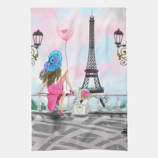 Woman in Paris Kitchen Towel with Eiffel Tower (Vertical)