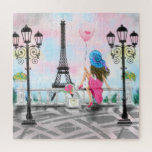 Woman In Paris Puzzle Eiffel Tower<br><div class="desc">Puzzle with Pretty Woman and Pink Heart Balloon - I Love Paris - Eiffel Tower Romantic Drawing Puzzles - Choose / Add Your Unique Text / Font / Color - Make Your Special Gift - Resize and move or remove and add elements - Image / text with customization tool !...</div>
