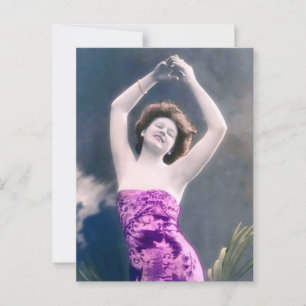 woman in purple sarong , arms raised as if dancing postcard