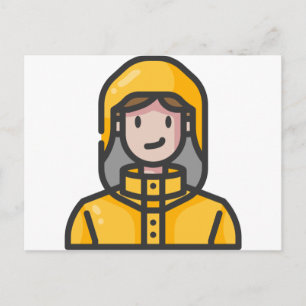 woman in raincoat postcard