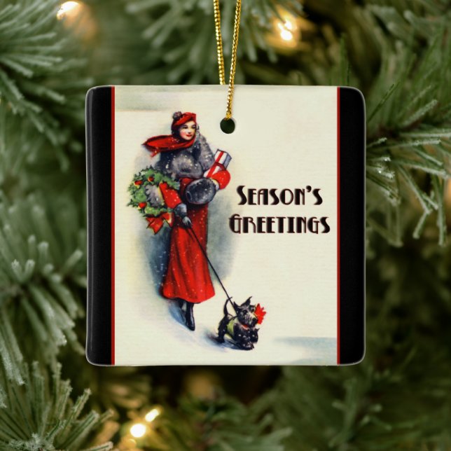 Woman in red coat shopping with Scottish Terrier Ceramic Ornament (Tree)