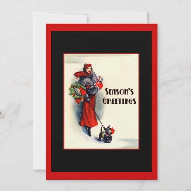 Woman in red coat with Scottish Terrier Open House Invitation (Front)