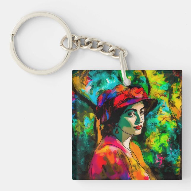 Woman in Red Hat Key Ring (Front)