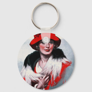 Woman in Red Hat Key Ring
