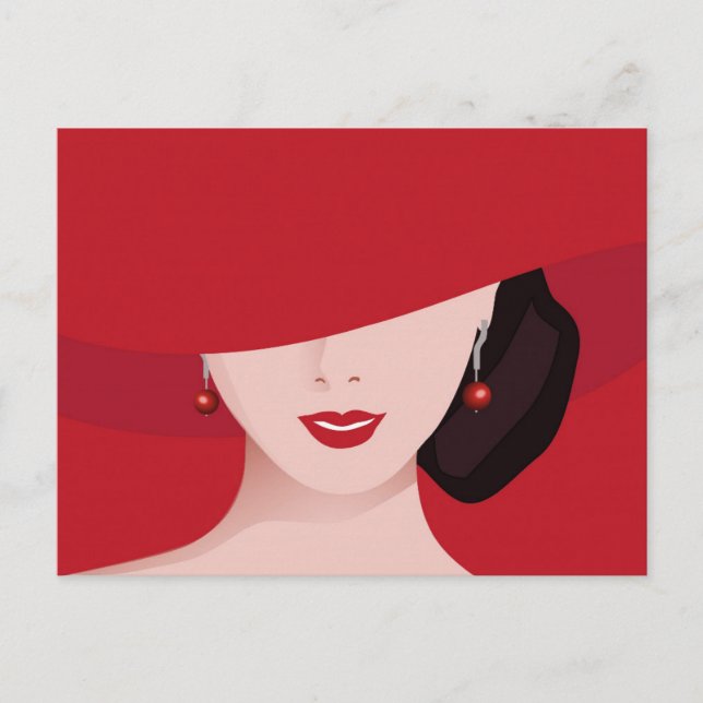 Woman in Red Hat Retro Art Postcard (Front)
