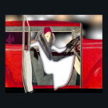 Woman in Red Sports Car Poster<br><div class="desc">Red haired woman sitting in a vintage red car with the door open.</div>