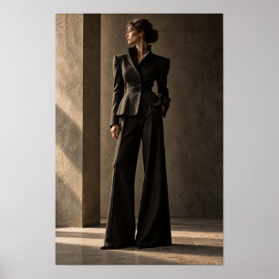 Woman in Sculptural Black Suit Sunlit Fashion Wall Poster