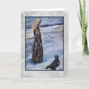 Woman in Snow with Crow Art Card