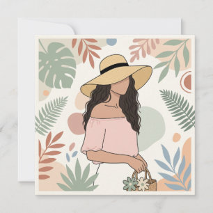 Woman in Straw Hat with Flowers Invitation