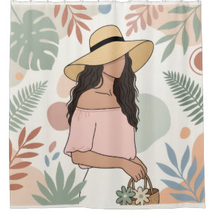 Woman in Straw Hat with Flowers Shower Curtain