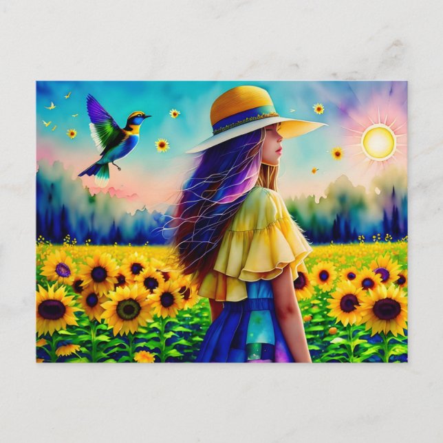 Woman in Sunflowers, Postcrossing Postcard (Front)
