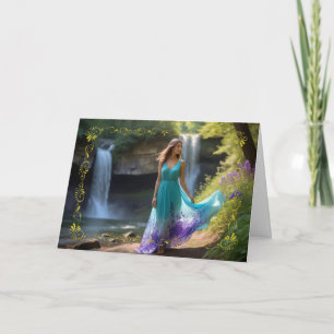 Woman in Teal Dress at Waterfall Birthday Card