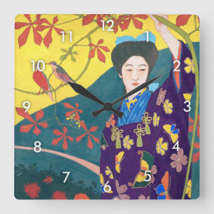 Woman in the Flower Garden, Goyō Hashiguchi Square Wall Clock
