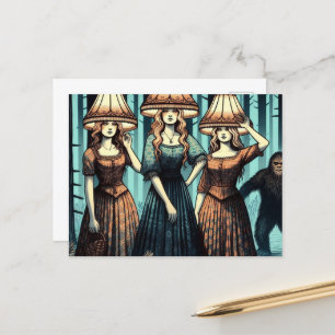 Woman in the Forest With Lampshade Hat and Bigfoot Postcard