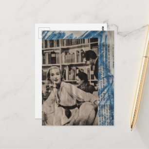 Woman in the library in the 1930s era collage postcard
