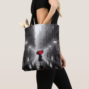 Woman In The Rain With Red Umbrella Tote Bag