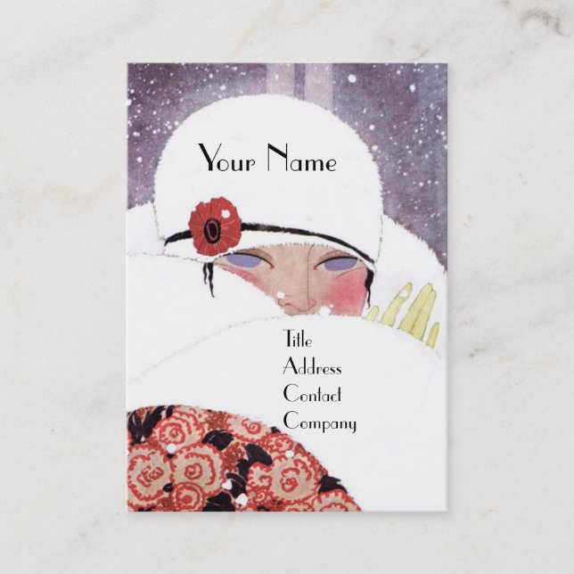 WOMAN IN THE SNOW,WINTER BEAUTY FASHION MONOGRAM BUSINESS CARD (Front)