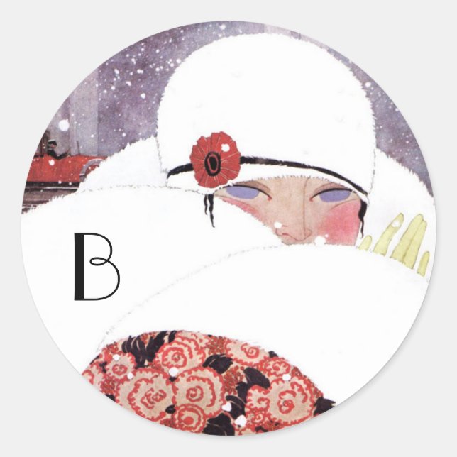 WOMAN IN THE SNOW,WINTER BEAUTY FASHION MONOGRAM CLASSIC ROUND STICKER (Front)
