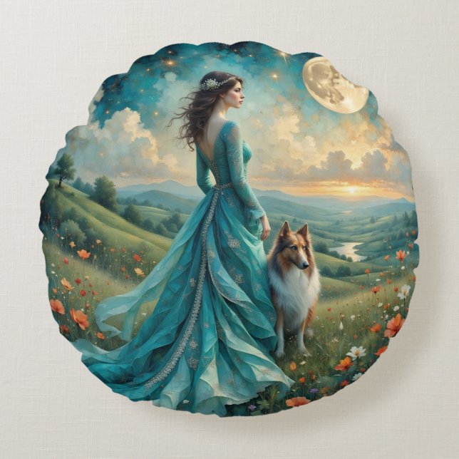 Woman in Turquoise Dress and Sable Rough Collie Round Cushion (Front)