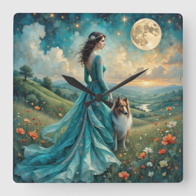 Woman in Turquoise Dress and Sable Rough Collie Square Wall Clock (Front)