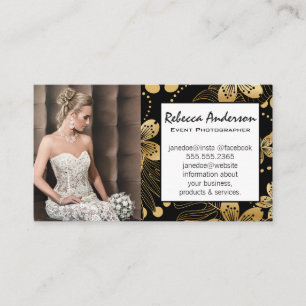 Woman in Wedding Dress Gold Floral Pattern Business Card
