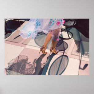 Woman in white pink and green floral skirt and bro poster