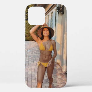Woman in yellow bikini standing on brown brick flo iPhone 12 case