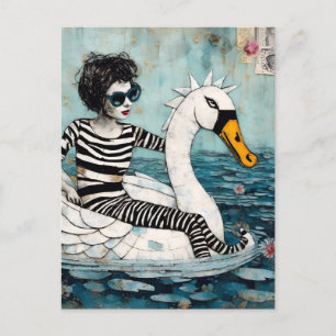 Woman In Zebra Striped Outfit on a Floating Swan Postcard