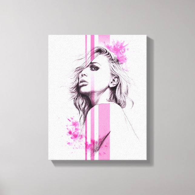 Woman ink portrait Pink Fashion illustration art Canvas Print (Front)