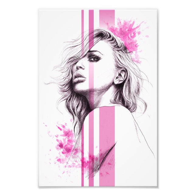 Woman ink portrait Pink Fashion illustration art Photo Print (Front)