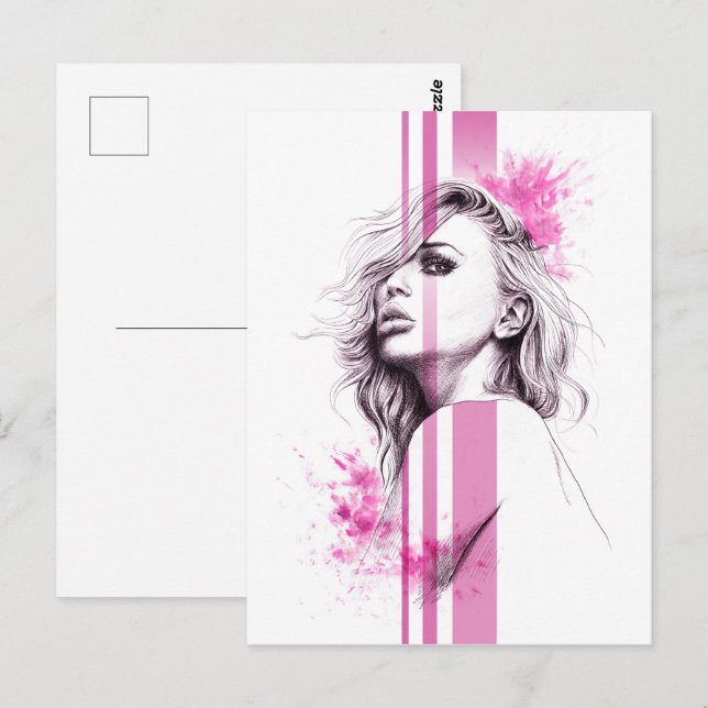 Woman ink portrait Pink Fashion illustration art Postcard (Front/Back)