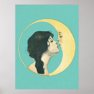 Woman Kissing the Moon Vintage Art Print