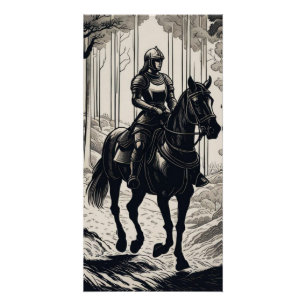 Woman knight riding on a horse in the forest poster