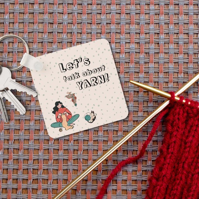 Woman knitting cat let's talk about yarn quote key ring (Creator Uploaded)