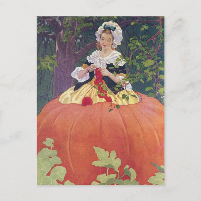 Woman Knitting in Pumpkin Postcard (Front)