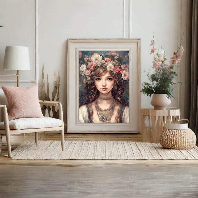 Woman Lady Portrait Flower Art Poster (Beautiful Claudia with Flowers Poster)