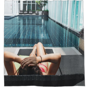 Woman laying on brown chaise lounge shower curtain