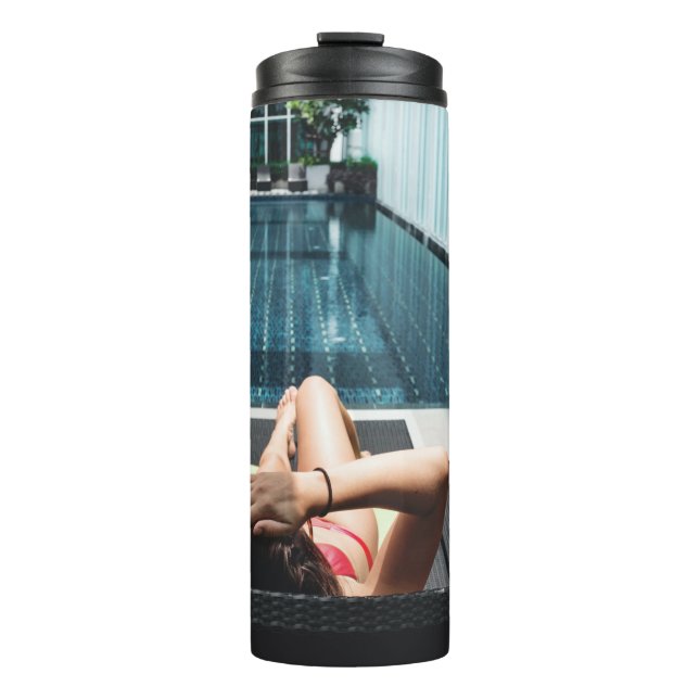 Woman laying on brown chaise lounge thermal tumbler (Front)