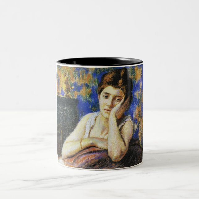 Woman Leaning on a Chair Two-Tone Coffee Mug (Center)