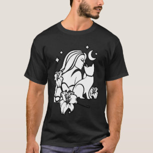 Woman Lilies Flowers Cat Fantasy Moon Glamour Goth T-Shirt