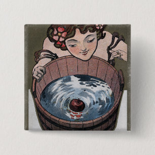 Woman Looking in Wood Barrel 15 Cm Square Badge